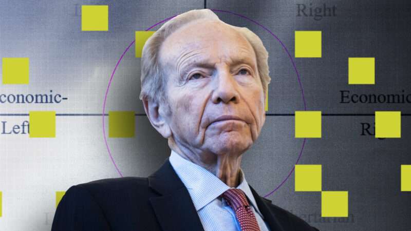 Former Connecticut Joe Lieberman, chair of No Labels against a political spectrum background with yellow boxes | Tom Williams/CQ Roll Call/Newscom, Lex Villena/Reason