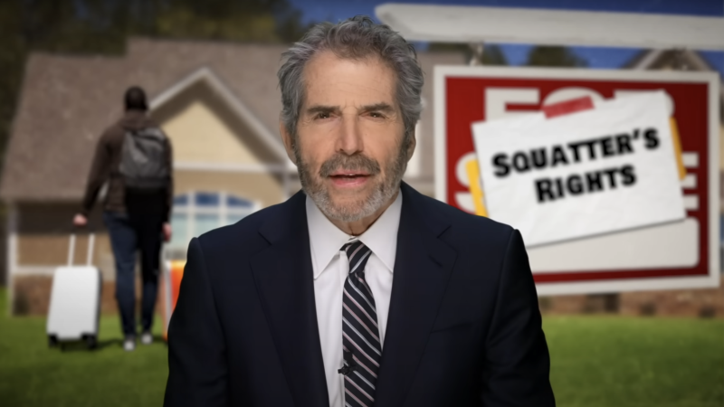 John Stossel stands in front of a "squatter's rights" sign | Stossel TV