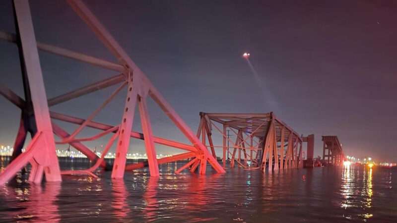 An image of the collapsed Francis Scott Key Bridge in Baltimore, Maryland as parts of the structure sit in the water | Baltimore Fire Rescue/ZUMA Press/Newscom