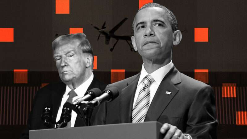 Obama, Trump, and a Predator drone | Illustration: Lex Villena; Dylan Stewart/AP/Newscom, U.S. Coast Guard Academy