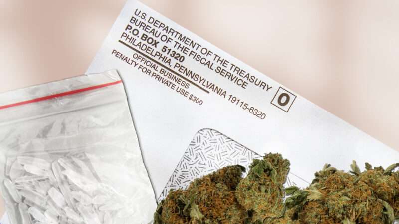 A baggie of cocaine and several marijuana buds against an envelope with the IRS's return address preprinted. | Illustration: Lex Villena;  Daniel Kaesler
