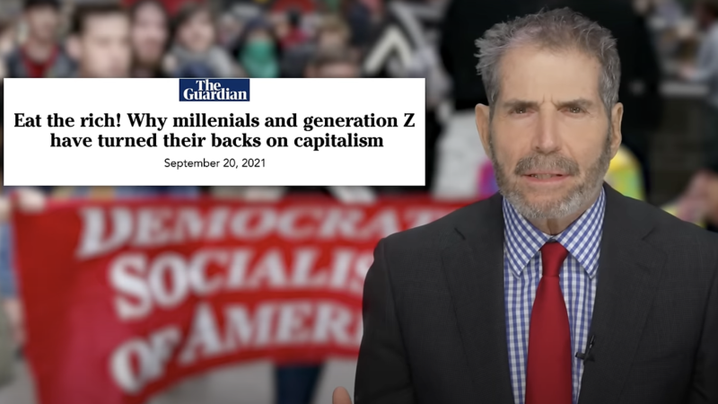 John Stossel is seen in front of a Democratic Socialists of America protest next to a headline that says 