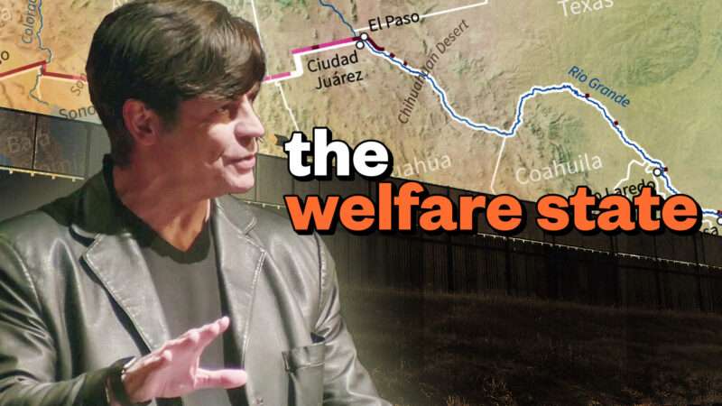 Nick Gillespie with the border of the U.S. behind with the words "welfare state" | Illustration: Lex Villena