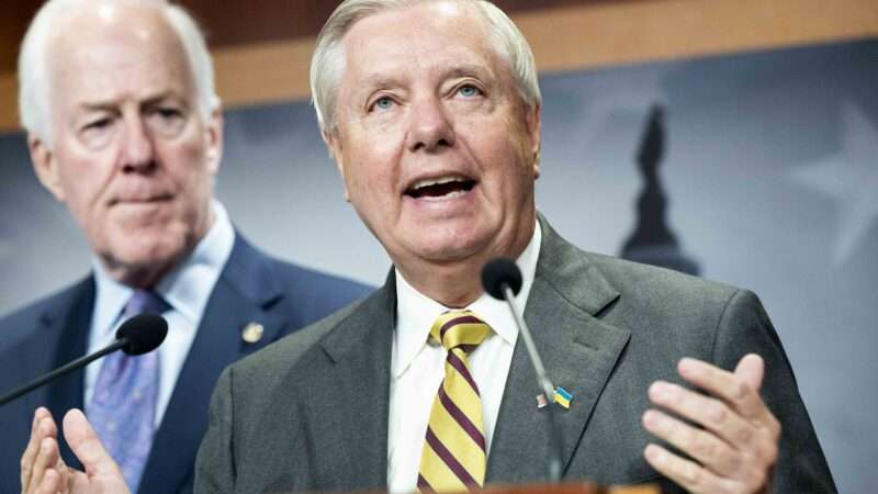 Sen. Lindsey Graham (R-S.C.) speaking at a press conference organized by Senate Republicans at the U.S. Capitol on September 27, 2023. | Michael Brochstein/ZUMA Press Wire