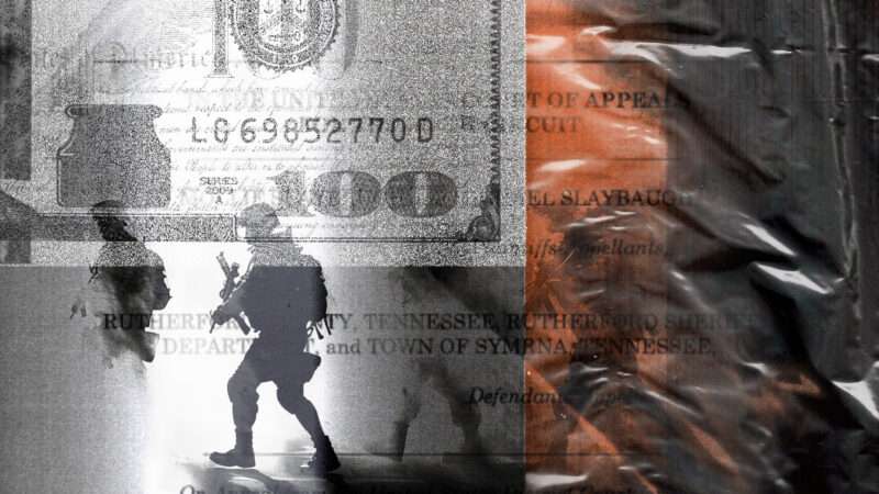 Police officers are seen under a $100 bill and next to the Slaybaugh complaint | Illustration: Lex Villena; Midjourney