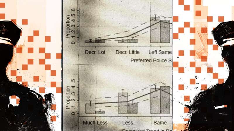 Two police officers are seen beside graphs examining racial attitudes toward policing | Illustration: Lex Villena; Midjourney; Journal of Criminal Justice 92