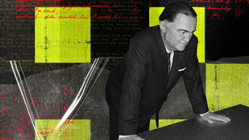 Black and white image of J. Edgar Hoover leaning over a table, behind him are green squares and text. | Illustration: Lex Villena