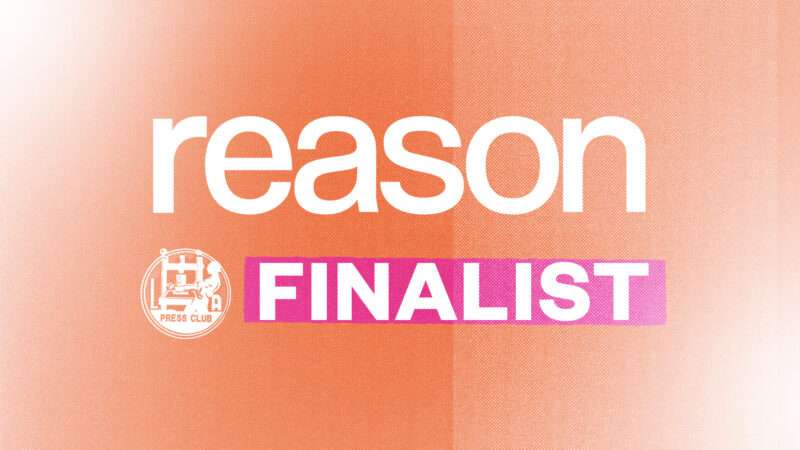 An orange background with the 'Reason' logo in white and the word finalist in white with pink highlight next to the LA Press Club logo in white | Illustration: Lex Villena