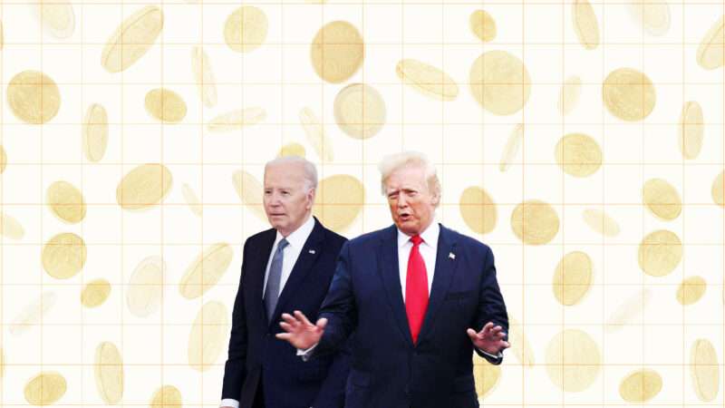 Trump and Biden stand in front of a background of gold coins | Illustratiion: Lex Villena; Pool/ABACA/Newscom
