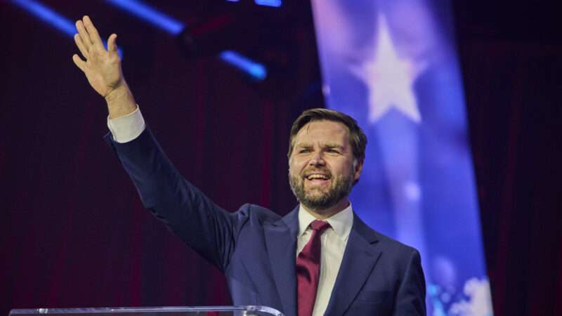 Ohio Sen. J.D. Vance waves to the crowd after speaking at the Turning Point USA ''People's Convention,'' in Detroit, Michigan, on Saturday, June 15, 2024. | Dominic Gwinn/ZUMAPRESS/Newscom