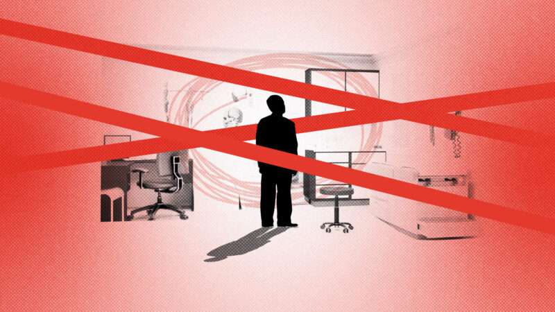 A red background with black outlines of a doctors office and a shadowy figure standing in the middle with red tape across the image | Illustration: Lex Villena; Wisconsinart |