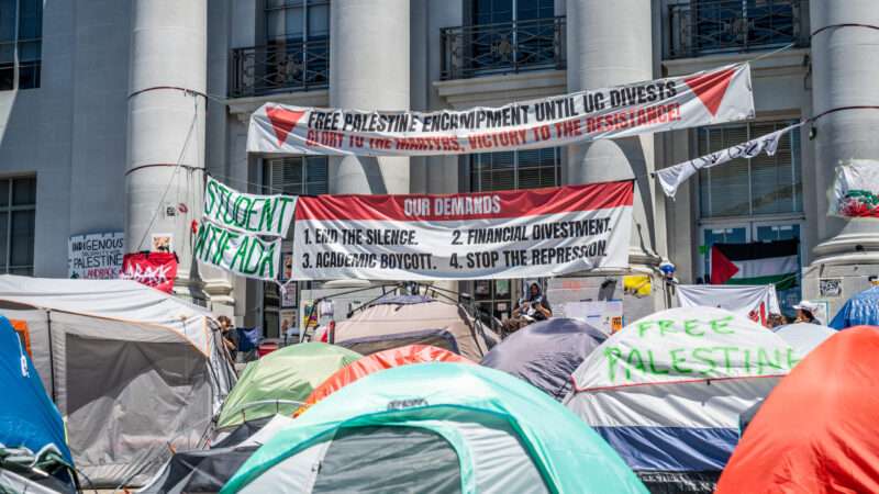 A campus encampment with pro Palestine signs and a list of demands. | Pat Mazzera / SOPA Images/Sipa USA/Newscom