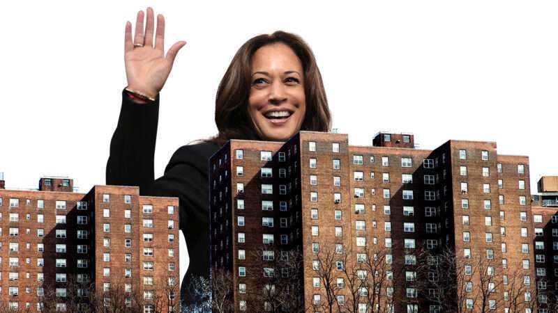 Kamala Harris and apartment buildings | Illustration: Joanna Andreasson; Source images: ginga71/iStock, Kamala Harris; Gage Skidmore