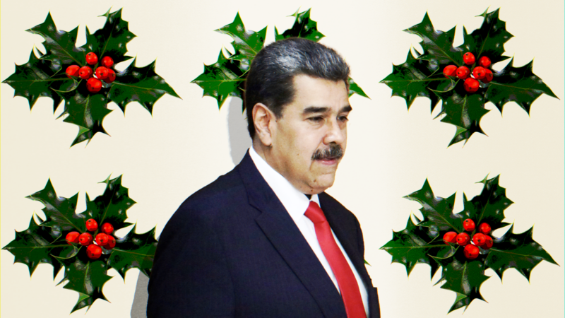 Nicolas Maduro against a cream background with Christmas holly | Illustration: Lex Villena; adapted from Frederico Brasil/ZUMAPRESS/Newscom, Miszaqq | Dreamstime.com