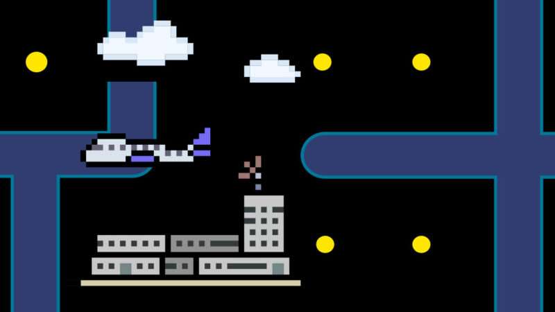 An illustration of an airplane over and airport in the style of Pacman | Illustration: iStock