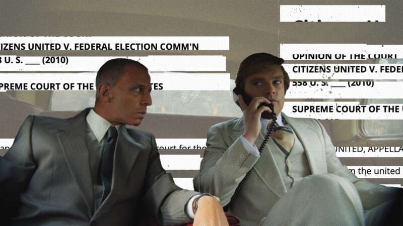 A still image of Jeremy Strong as Roy Cohn, and Sebastian Stan as a young Donald Trump, in the 2024 movie The Apprentice, against the backdrop of pieces of the Supreme Court case Citizens United v. FEC | Illustration: Lex Villena; Apprentice Productions Ontario Inc./Profile Productions 2 APS/Tailored Films LTD