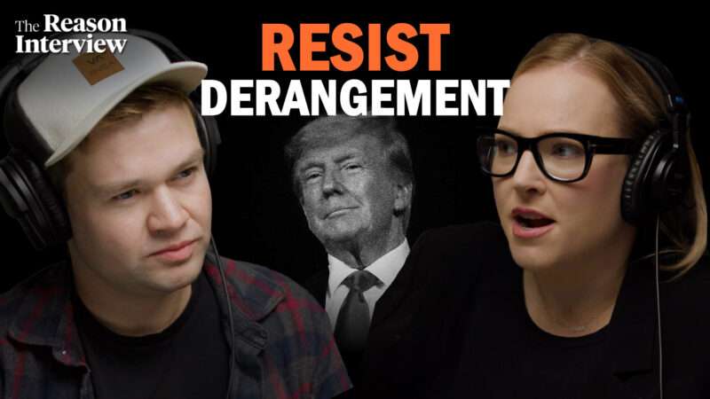 Billy Binion on the left and Meghan McCain on the right with a black and white photo of Trump in the background, the Reason Interview logo in the top left corner, and the words in orange and white "RESIST DERANGEMENT" | Illustration: Lex Villena; Gage Skidmore