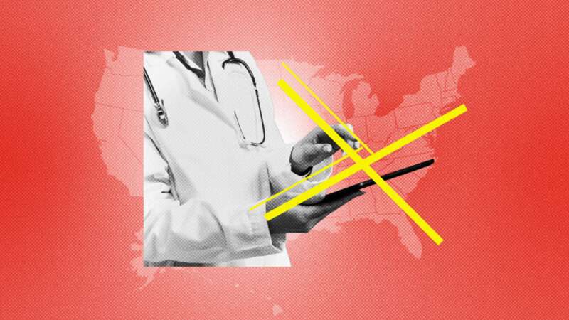 Doctor holding tablet doing telehealth work, with a map of the United States in the background | Illustration: Lex Villena; Melpomenem| Dreamstime.com