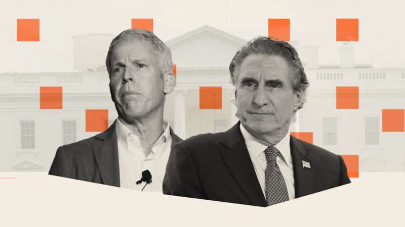 Black and white headshots of Chris Wright and Gov. Doug Burgum against a tan background with a picture of the White House and orange boxes | LOUIS LANZANO/UPI/Newscom, Gage Skidmore