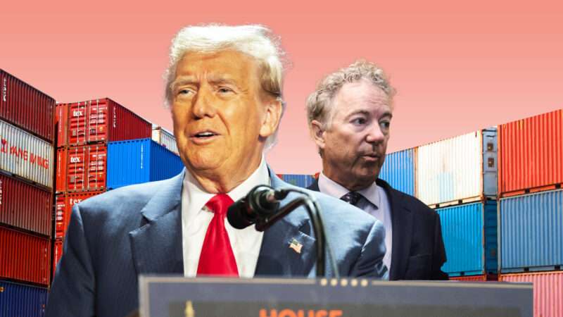 Donald Trump and Rand Paul in front of shipping containers | Illustration: Lex Villena; Allison Robbert - Pool via CNP, Michael Brochstein/ZUMAPRESS/Newscom, Hieronymusukkel, Comzeal | Dreamstime.com