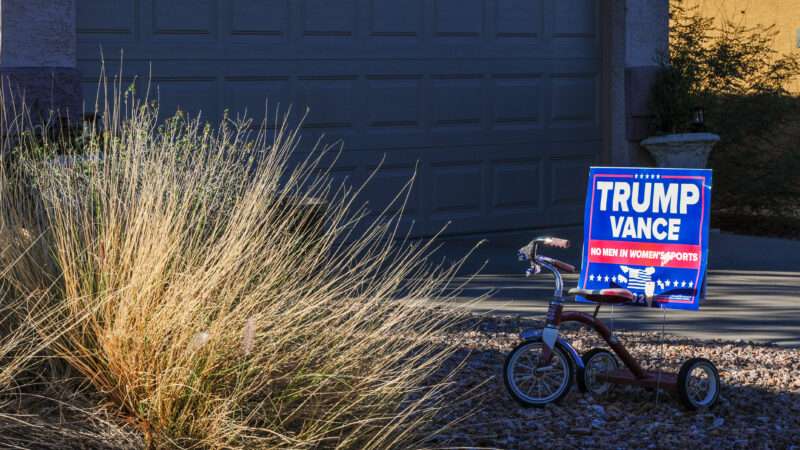 A Trump-Vance campaign sign in the front yard of a house with desert landscaping. | Eduardo Barraza/ZUMAPRESS/Newscom