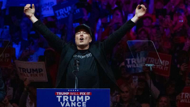 Elon Musk, who has been tapped to head the Department of Government Efficiency, raises his hands in celebration at a Trump rally. | Jen Golbeck/ZUMAPRESS/Newscom