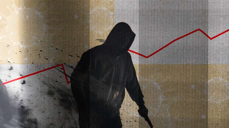 AI-generated image of an armed robber in profile, against the backdrop of a line graph illustrating rising crime rates. | Illustration: Lex Villena; Midjourney