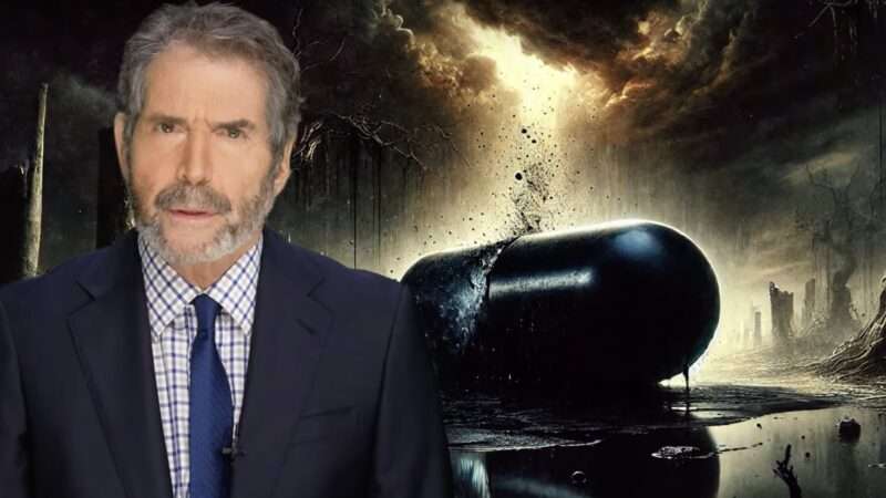 John Stossel in front of a background featuring a giant black pill capsule. | StosselTV