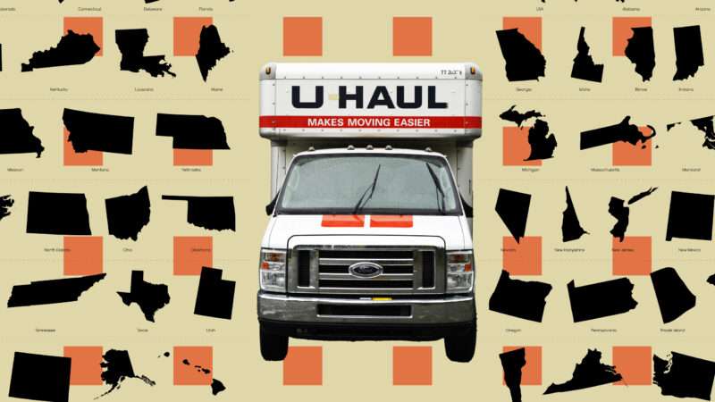 A U-Haul moving truck surrounded by the outlines of numerous U.S. states. | Illustration: Lex Villena; Flying2lowak | Dreamstime.com