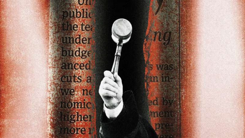 A judge's hand brings down a gavel against an orange background with black text | Illustration: Lex Villena; Sergei Primakov, Oleg Dudko | Dreamstime.com