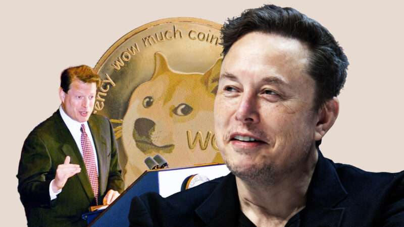 Former Vice President Al Gore, Elon Musk, and a physical representation of a "doge" memecoin. | Illustration: Lex Villena; SYSPEO/SIPA/Newscom, The U.S. National Archives