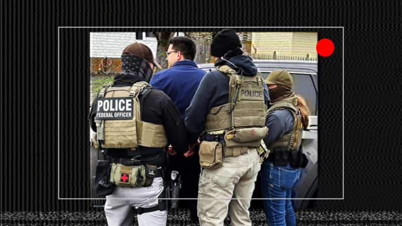 Federal law enforcement agents arrest an undocumented migrant on a residential street. The image is illustratively rendered within the frame of a video camera's view screen. | Illustration: Lex Villena; Polaris/Newscom