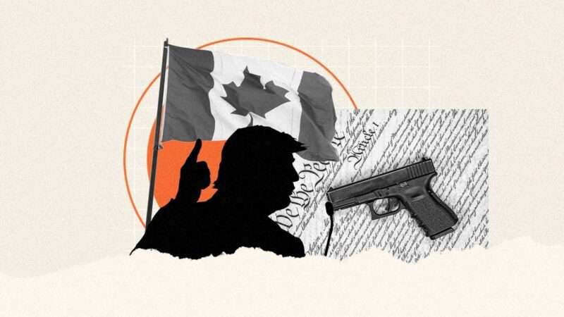 President Donald Trump in silhouette, the Canadian national flag, a semiautomatic handgun, and the U.S. Constitution. | llustration: Eddie Marshall | Sukhjit Verma | Kelpfish | Ginettigino | Dreamstime.com