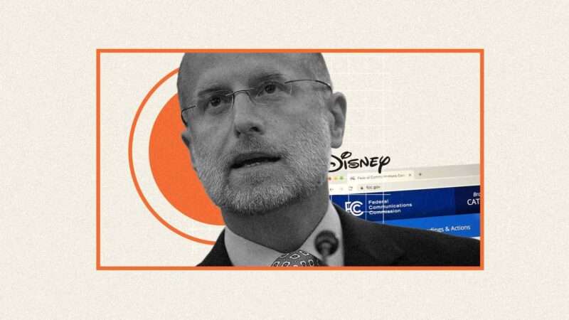 FCC Chairman Brendan Carr, the Disney logo, and the FCC.gov website. | llustration: Eddie Marshall | Pool | Raffaele1 | Jarretera | Dreamstime.com | ZUMA | Press | Newscom