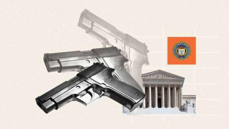 A semiautomatic handgun; the logo of the Bureau of Alcohol, Tobacco, Firearms, and Explosives (ATF); and the U.S. Supreme Court building. | llustration: Eddie Marshall | Les Cunliffe | Lawrence Weslowski Jr | Coatchristophe | Dreamstime.com