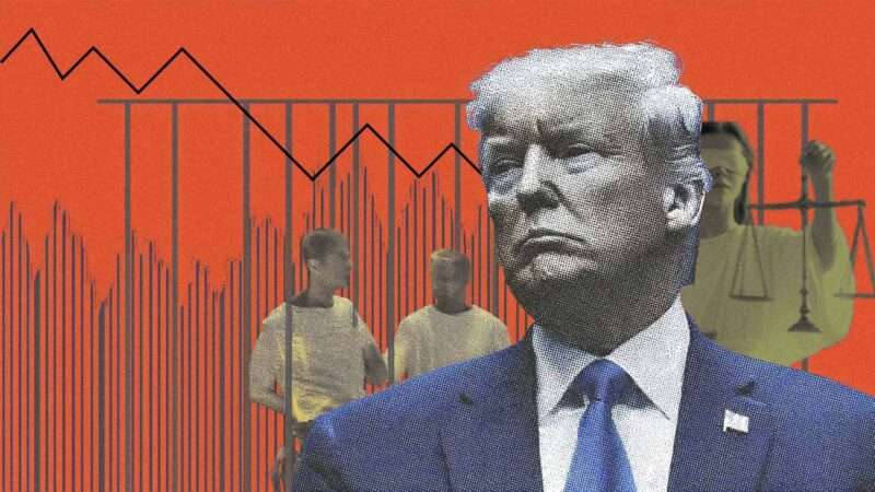 President Donald Trump with images of detainees and lady justice in the background | lllustration: Eddie Marshall | Midjourney | Grok