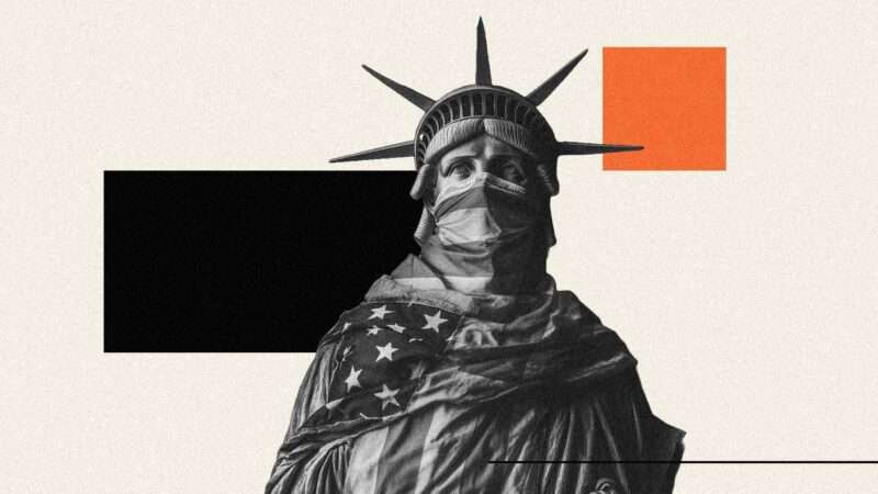 Statue of Liberty with an American flag draped across her mouth | lustration: Eddie Marshall | Midjourney