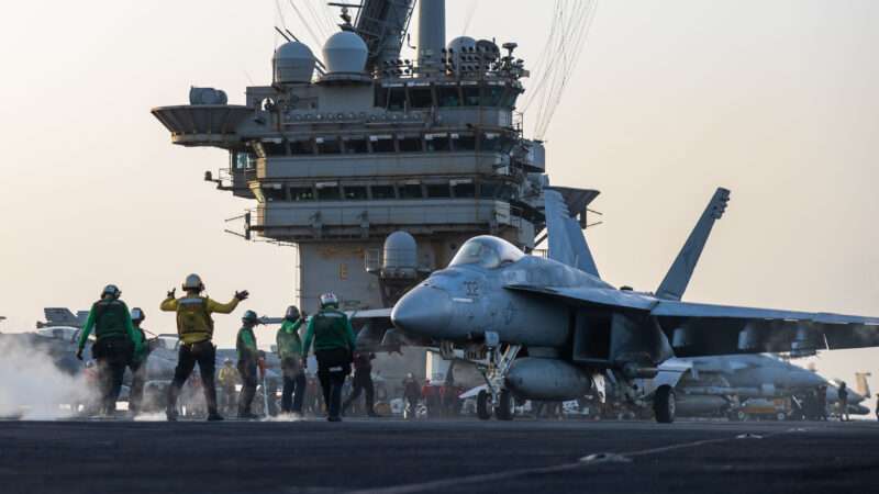 An F/A-18E Super Hornet, attached to Strike Fighter Squadron (VFA) 81, prepares for launch on the flight deck of the Nimitz-class aircraft carrier USS Harry S. Truman (CVN 75) during flight operations in the U.S. Central Command area of responsibility. | Official U.S. Navy photo