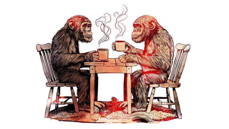 An illustration of two chips sitting at a table drinking coffee | Illustrations: Joanna Andreasson/ChatGPT-4writ