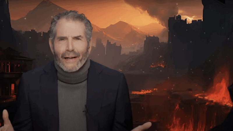 John Stossel stands in front of an inferno | Stossel TV