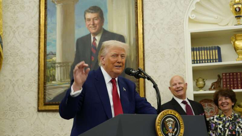 President Donald Trump delivers remarks at a podium in the Oval Office | Sipa USA/Newscom