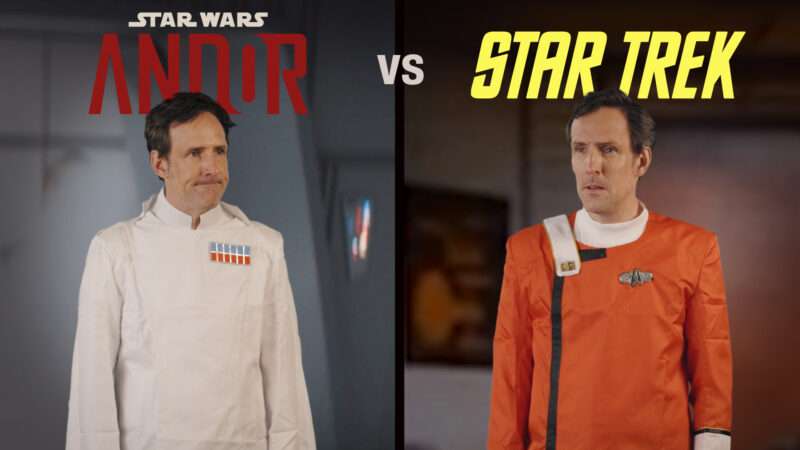 Andrew Heaton in Star Wars and Star Trek costumes over a background reading Star Wars Andor vs Star Trek | Reason TV