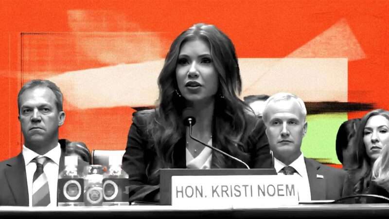Kristi Noem testifies Tuesday at a congressional hearing as seen in black and white against and orange and white background | Illustration: Eddie Marshall; Screenshot, YouTube