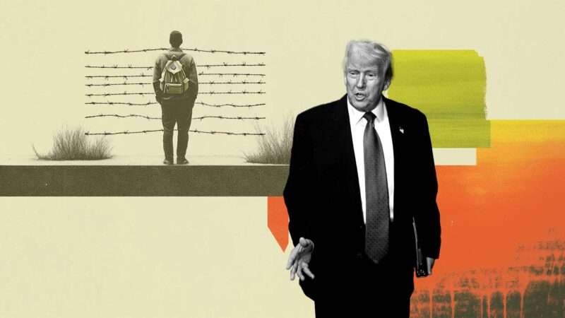 President Donald Trump is seen in front of an immigrant and barbed wire | Illustration: Eddie Marshall | Jaroslaw Baczewski | Dreamstime | Tom Williams | CQ Roll Call | Newscom | Midjourney