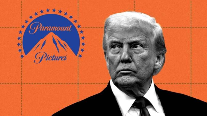 President Donald Trump and the logo for Paramount Pictures, a subsidiary of Paramount Global. | Illustration: Eddie Marshall | Chris Kleponis | Pool via CNP | Newscom | Paramount Pictures Corporation (Paramount Global)