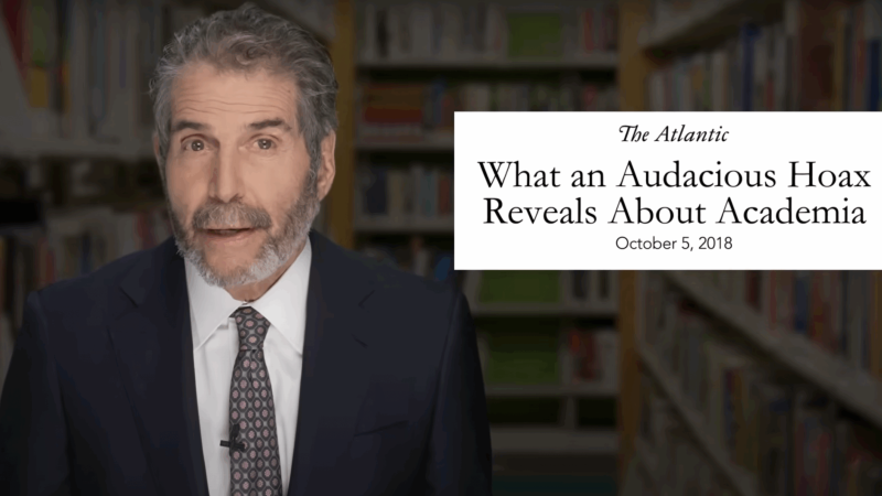 John Stossel is seen next to a headline that says, "What an Audacious Hoax Reveals About Academia" | Stossel TV