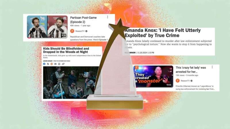 A Southern California Journalism Award trophy is seen surrounded by Reason headlines | Illustration Eddie Marshall