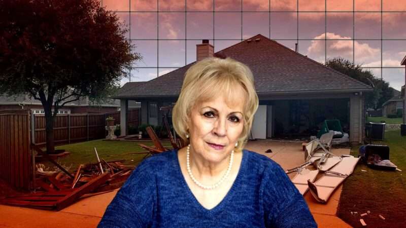Vicki Baker is seen in front of her house, which was destroyed by a SWAT team in 2020. | Illustration: Eddie Marshall | Institute for Justice