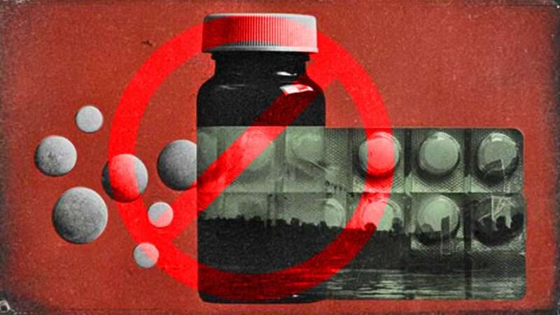 Opioid pills and a prescription bottle, with a red cancel sign in front of it | Illustration: Eddie Marshall | Midjourney