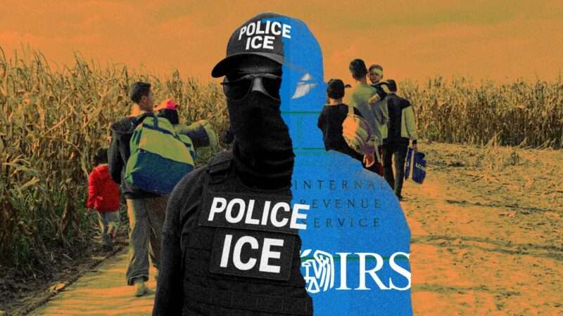 An orange tinted picture of immigrants in the background. A masked figure is in the foreground; half in black with the words "POLICE ICE" and half in blue with the words "INTERNAL REVENUE SERVICE IRS." | Illustration: Eddie Marshall | Internal Revenue Service | Radek Procyk | Natalia Bratslavsky | Dreamstime.com | ChatGPT